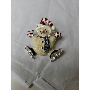 Ice Skating Snowman Holiday Enamel Pin Candy Canes Christmas Brooch